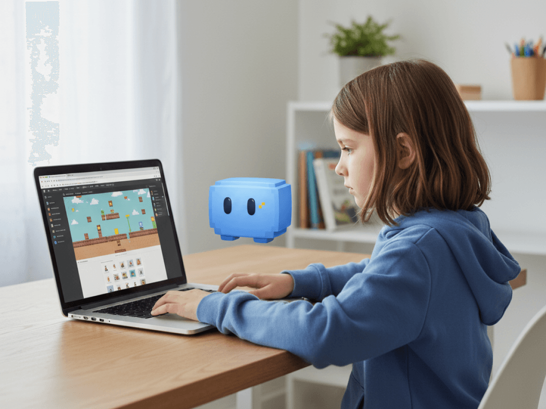 Pixel Buddy guiding a child as they create a game
